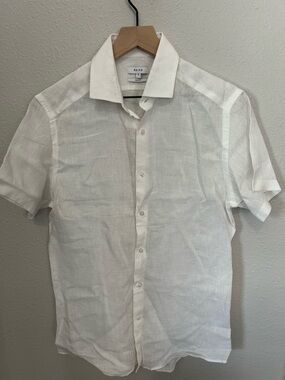 Reiss Men’s White Short-Sleeve Linen Slim Fit Shirt Sz Small